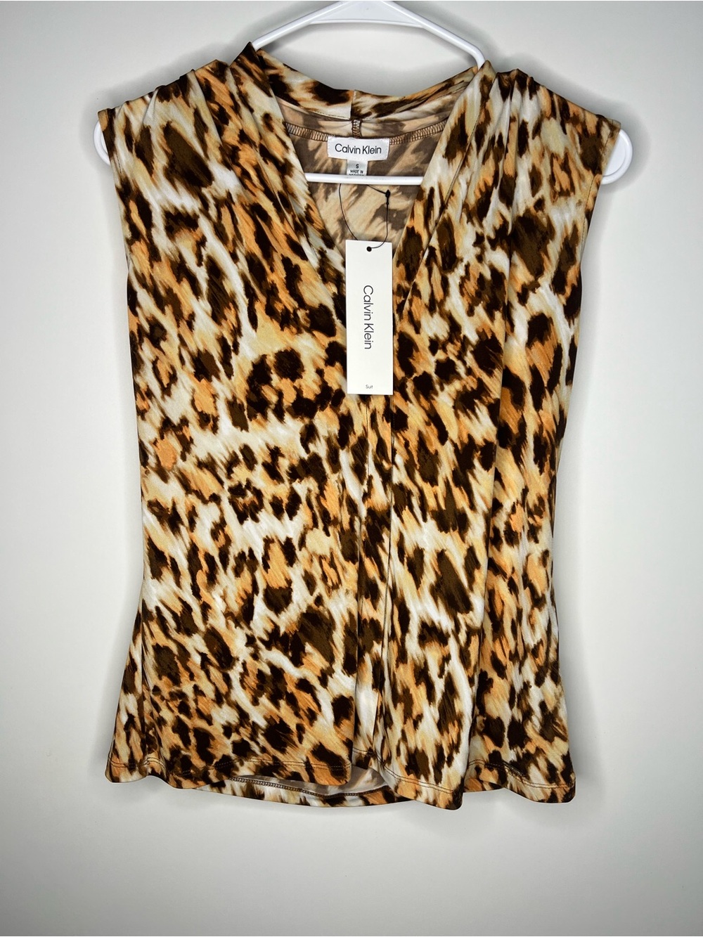 Calvin Klein Leopard Print V-Neck Sleeveless Top - Brown/Black/Cream